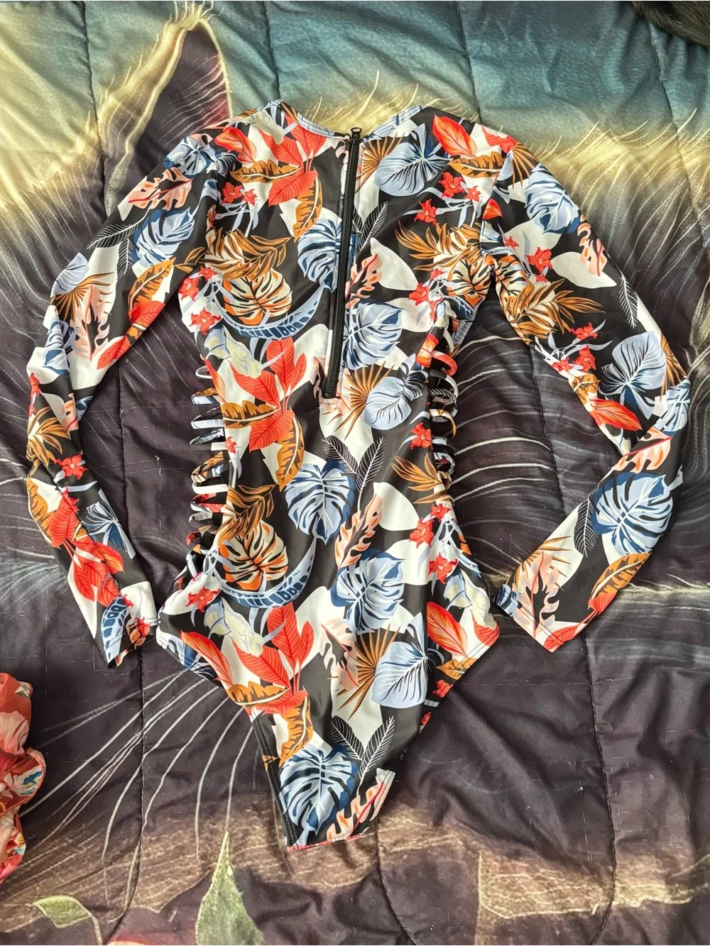 SHEIN Black Floral Tropical Long-Sleeve One-Piece Swimsuit